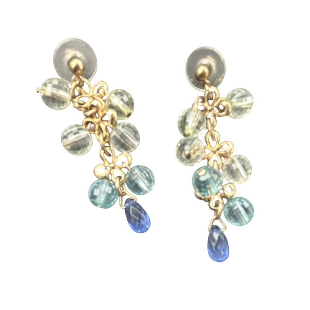 Gold Tone Blue Green Beaded Cluster Drop Earrings Boho Floral Dangle Post Back